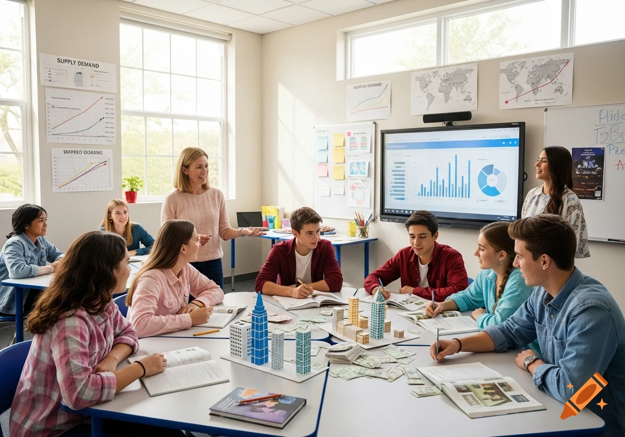 A teacher instructs high school economics students in a classroom with models of buildings, fake money, and charts.