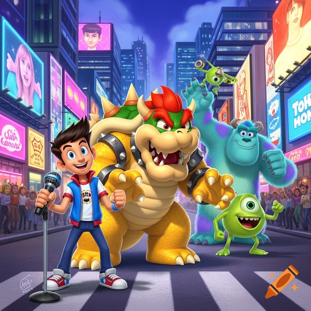 Cartoon characters Boyfriend from Friday Night Funkin', Bowser, Sully, and Mike Wazowski are together on a city street at night, surrounded by brightly lit billboards.