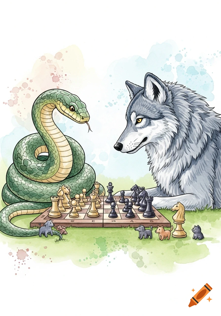 A green snake coiled around a chessboard plays chess against a gray wolf, depicted in a watercolor style.