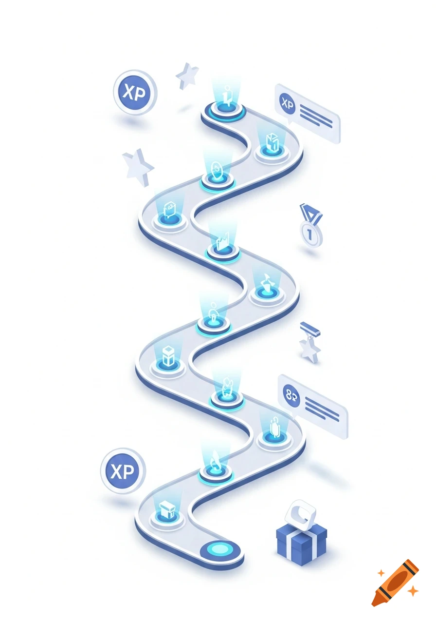 An isometric S-shaped progress path with glowing nodes, XP symbols, stars, medals, and reward boxes on a white background.