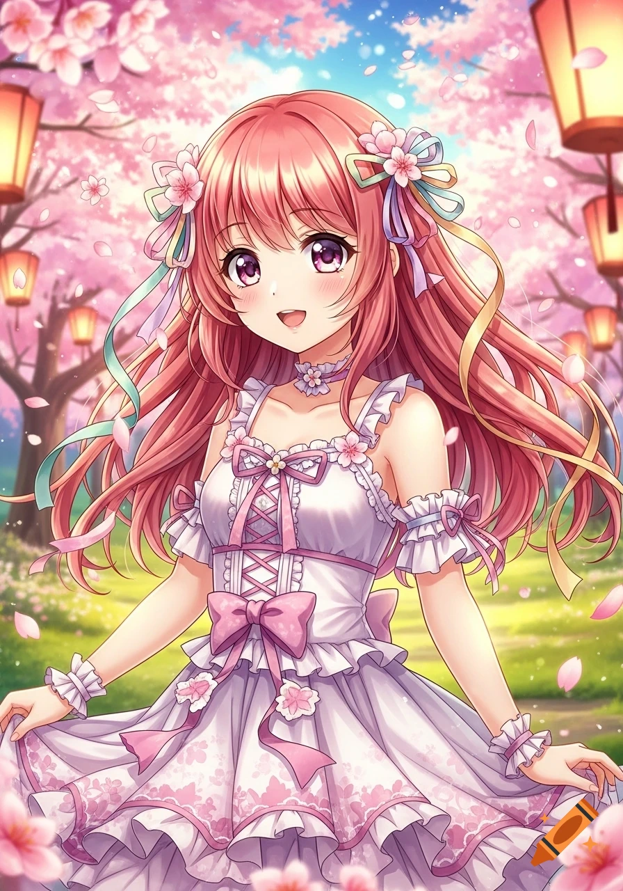 A cute anime girl with long pink hair and purple eyes wears a frilly white and pink dress, smiling among falling cherry blossoms and lanterns.