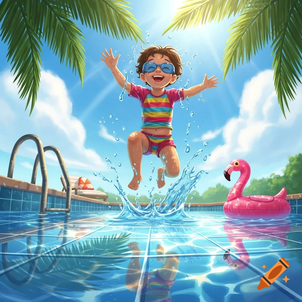 A cheerful child in colorful swimwear and blue goggles jumps into a pool, splashing water. Palm trees and a pink flamingo float are visible.