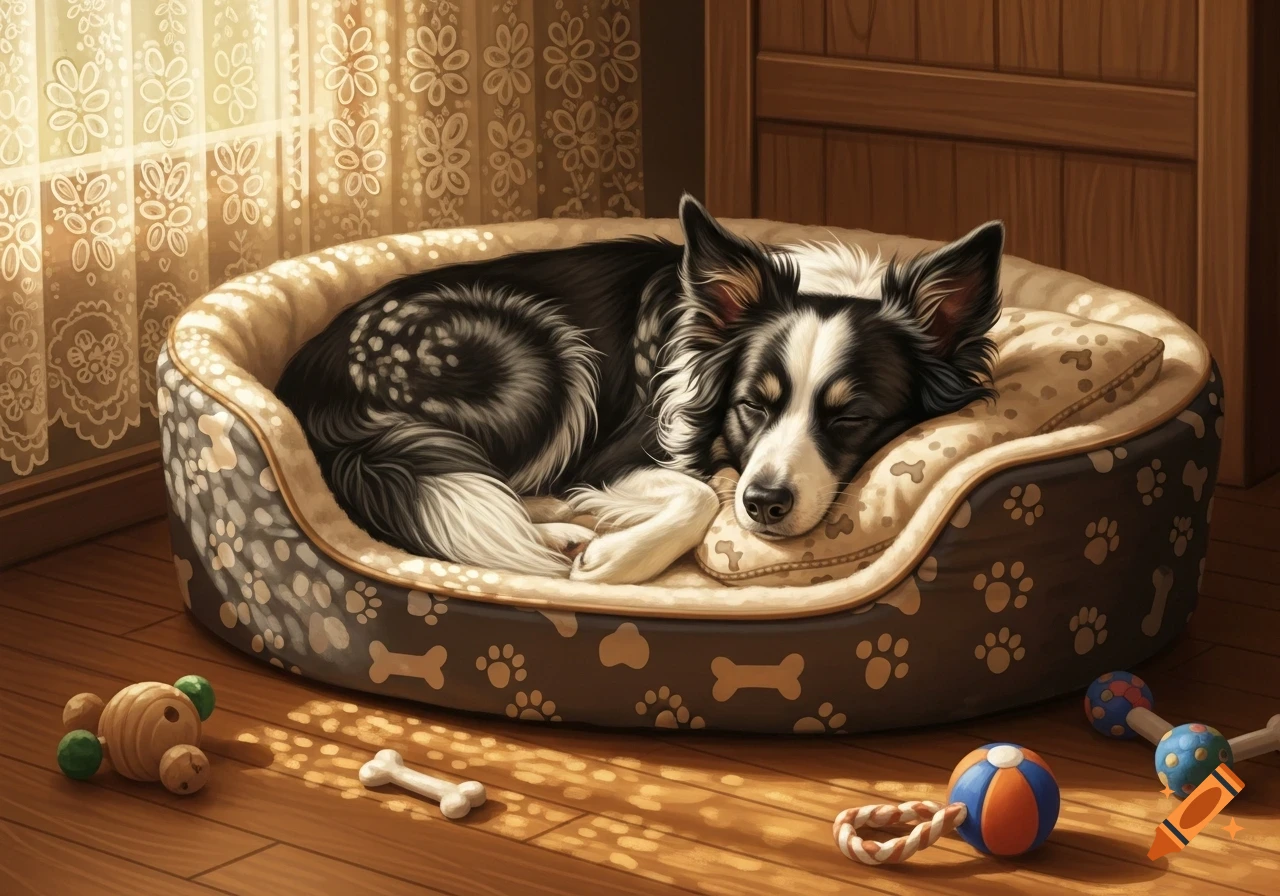 An adorable black and white Border Collie peacefully sleeping curled up in a brown dog bed, surrounded by toys, in a sunlit room.
