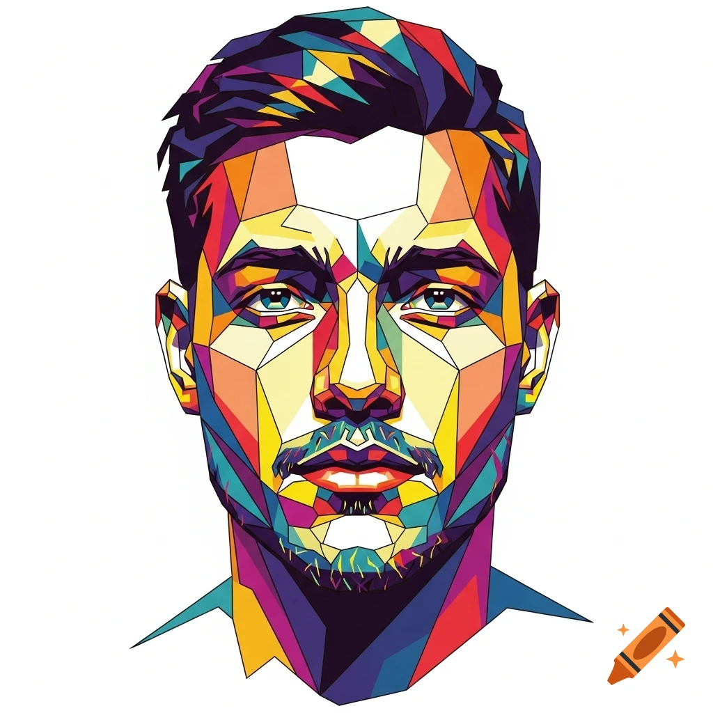 Colorful geometric art portrait of a man's face made of triangles, on a white background.
