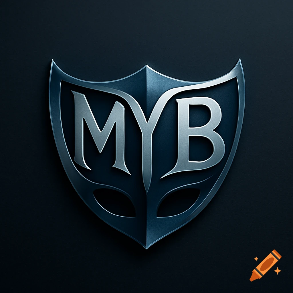 A metallic shield-shaped logo featuring the letters MYB merged with a mask design, against a dark background.