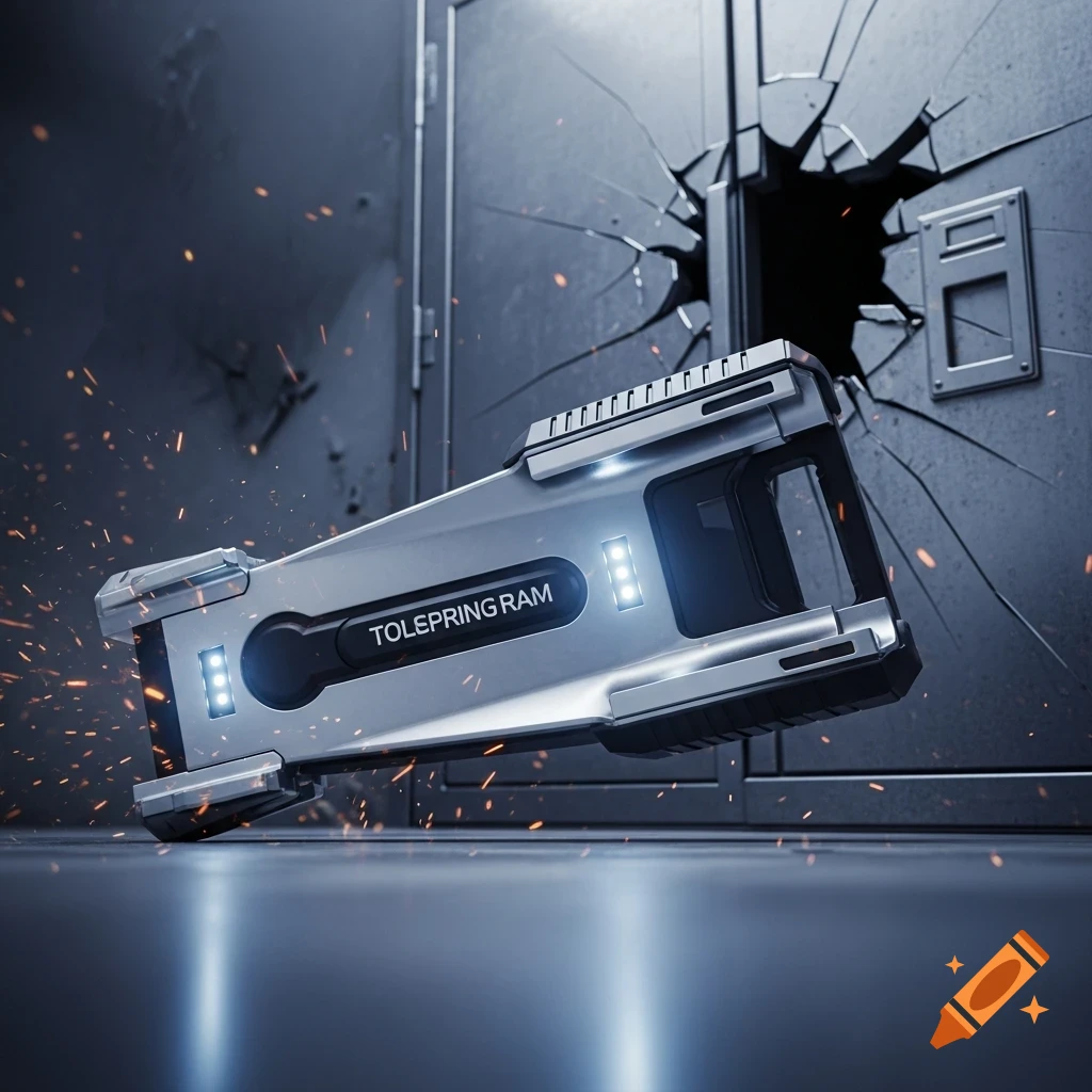 A futuristic silver breaching ram with glowing lights smashes through a ...