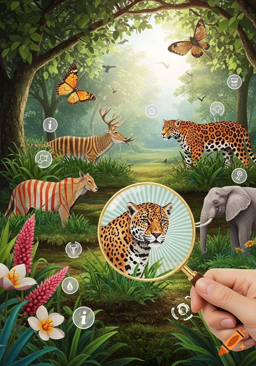 Stylized illustration of jungle animals: jaguar, deer, striped beast, elephant, and butterflies. A hand holds a magnifying glass over the jaguar.