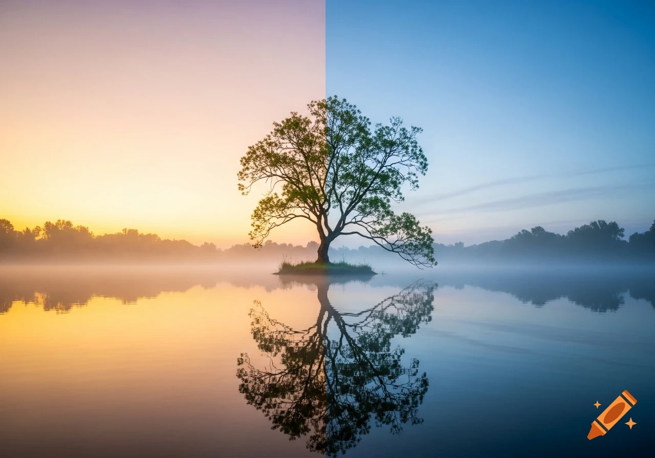 A serene landscape showing a lone tree on an island in a misty lake, with the sky and water split between warm orange and cool blue.