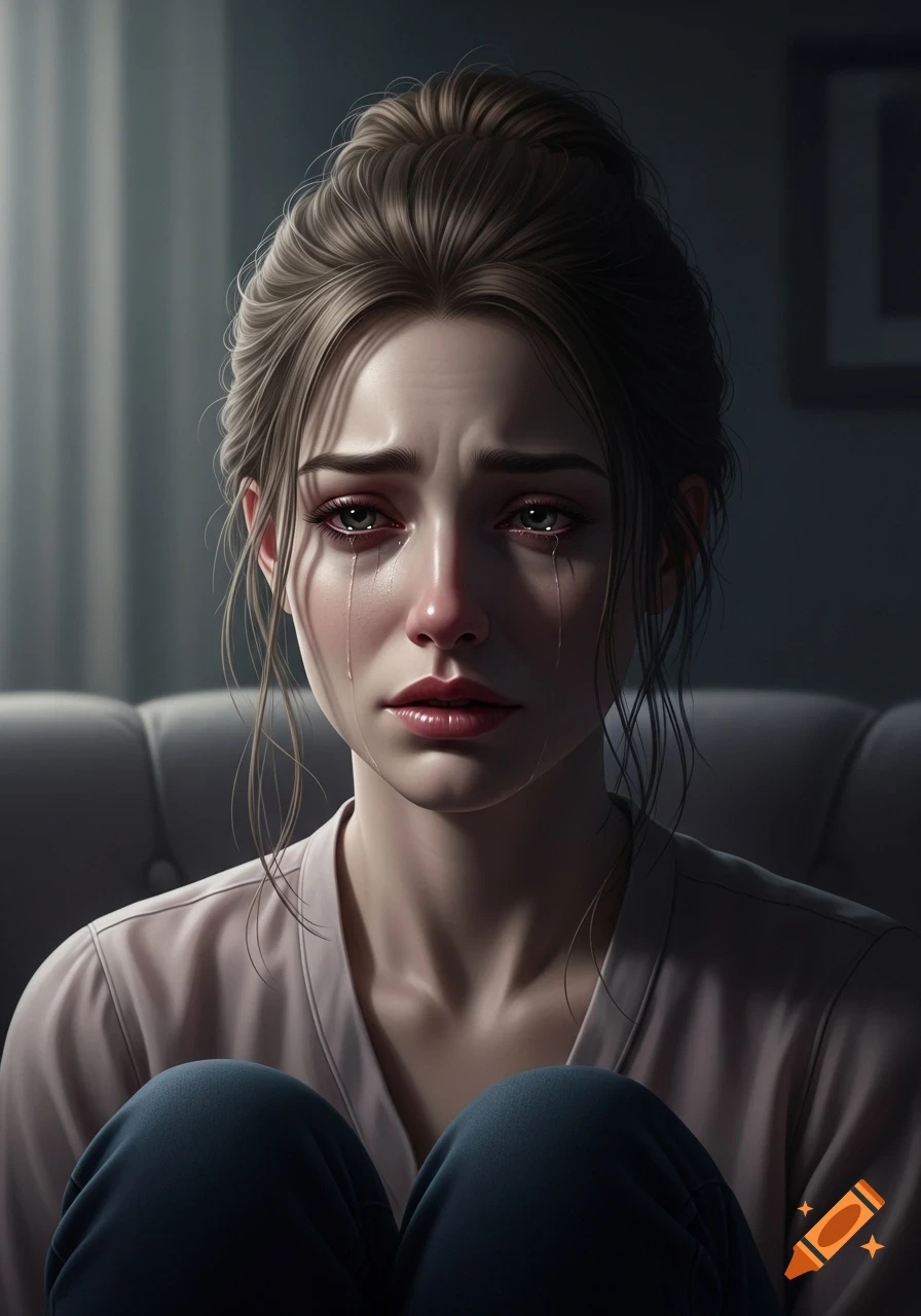 A photorealistic portrait of a deeply sad woman crying, with tears streaming down her face in soft, muted lighting.