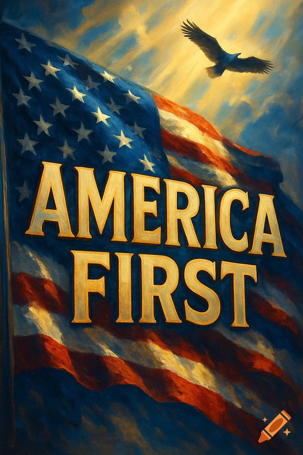 A painterly image of a waving American flag with a bald eagle flying above, and 'AMERICA FIRST' in golden letters.