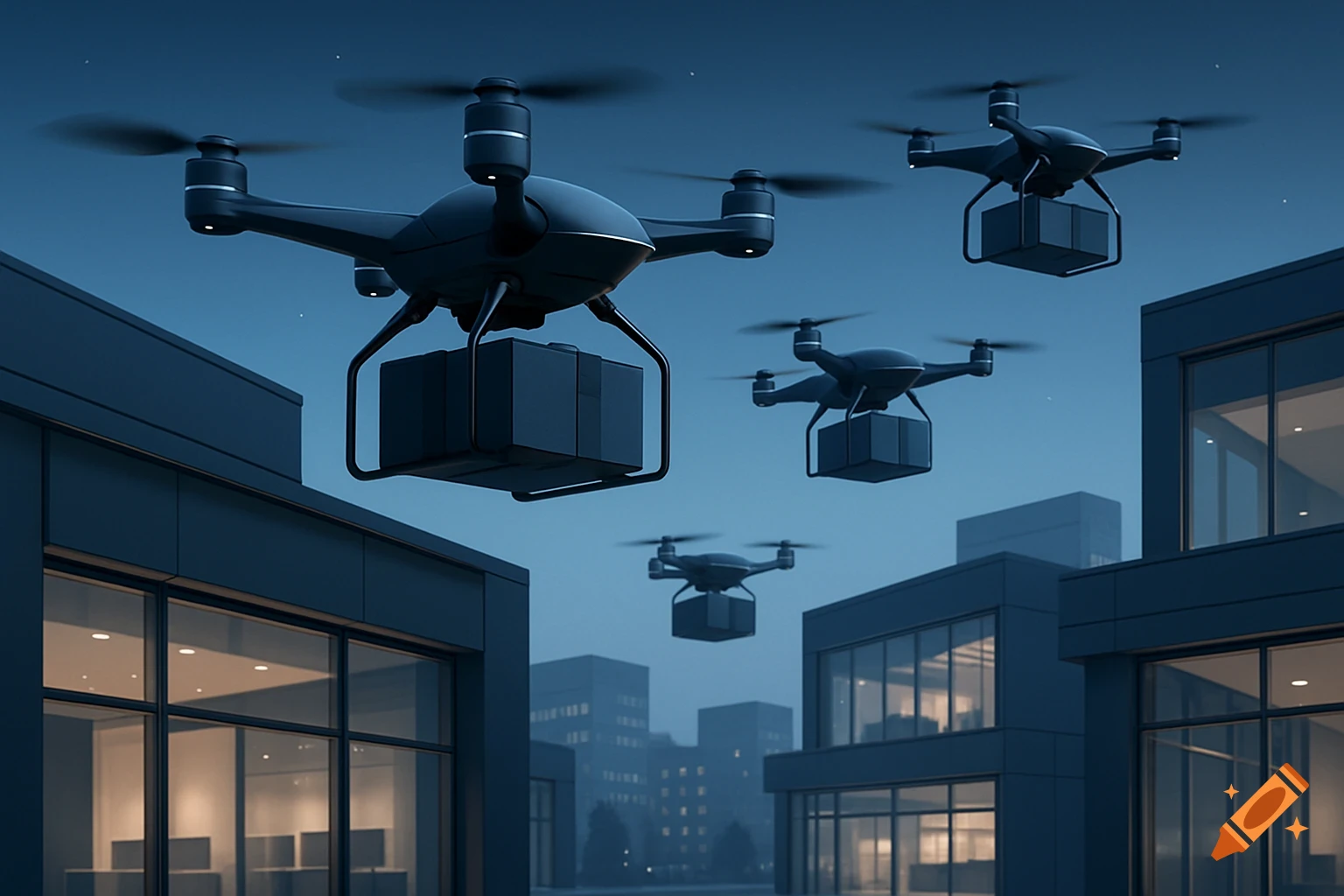 Multiple drones fly over a modern cityscape at night, carrying delivery packages to storefronts, embodying a clean, futuristic design.