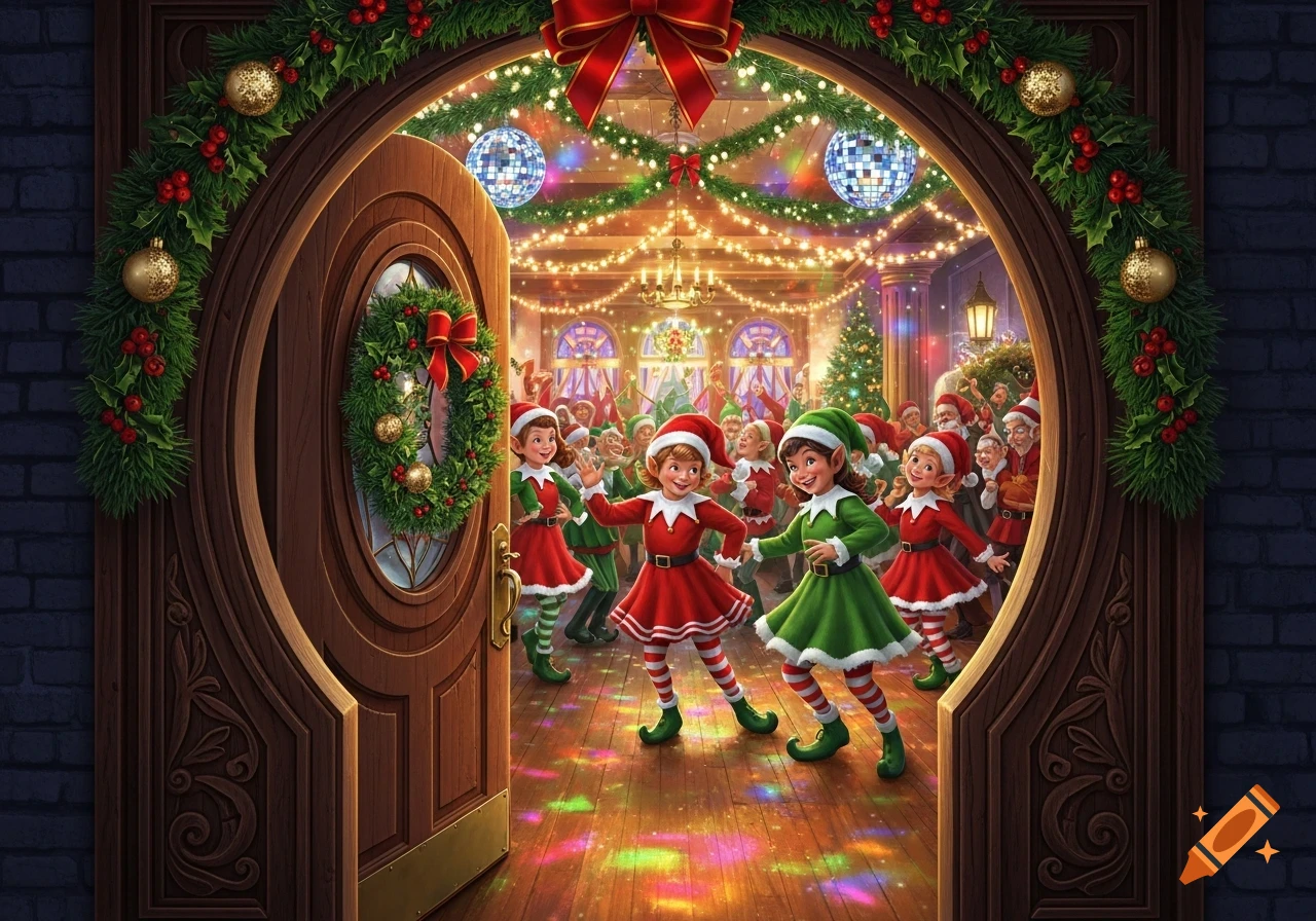 Christmas elves dance at a lively disco party, viewed through an open festive round door decorated with garlands.