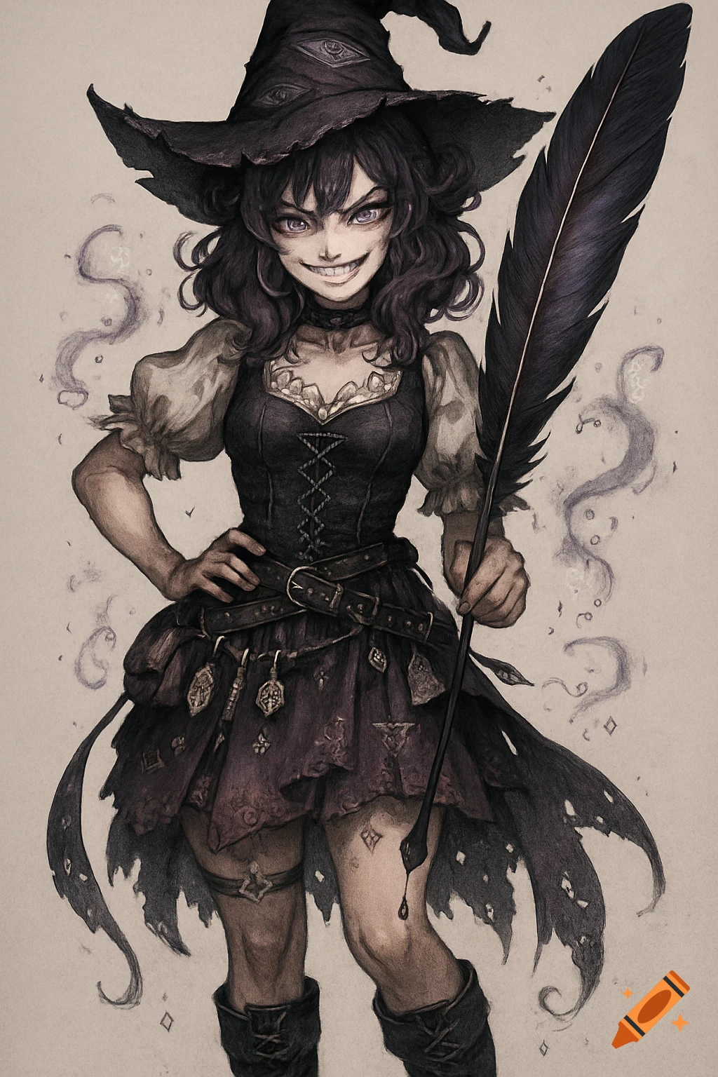 An anime-style witch with a devious grin, purple hair, wearing a dark hat with eyes, holding a giant quill.