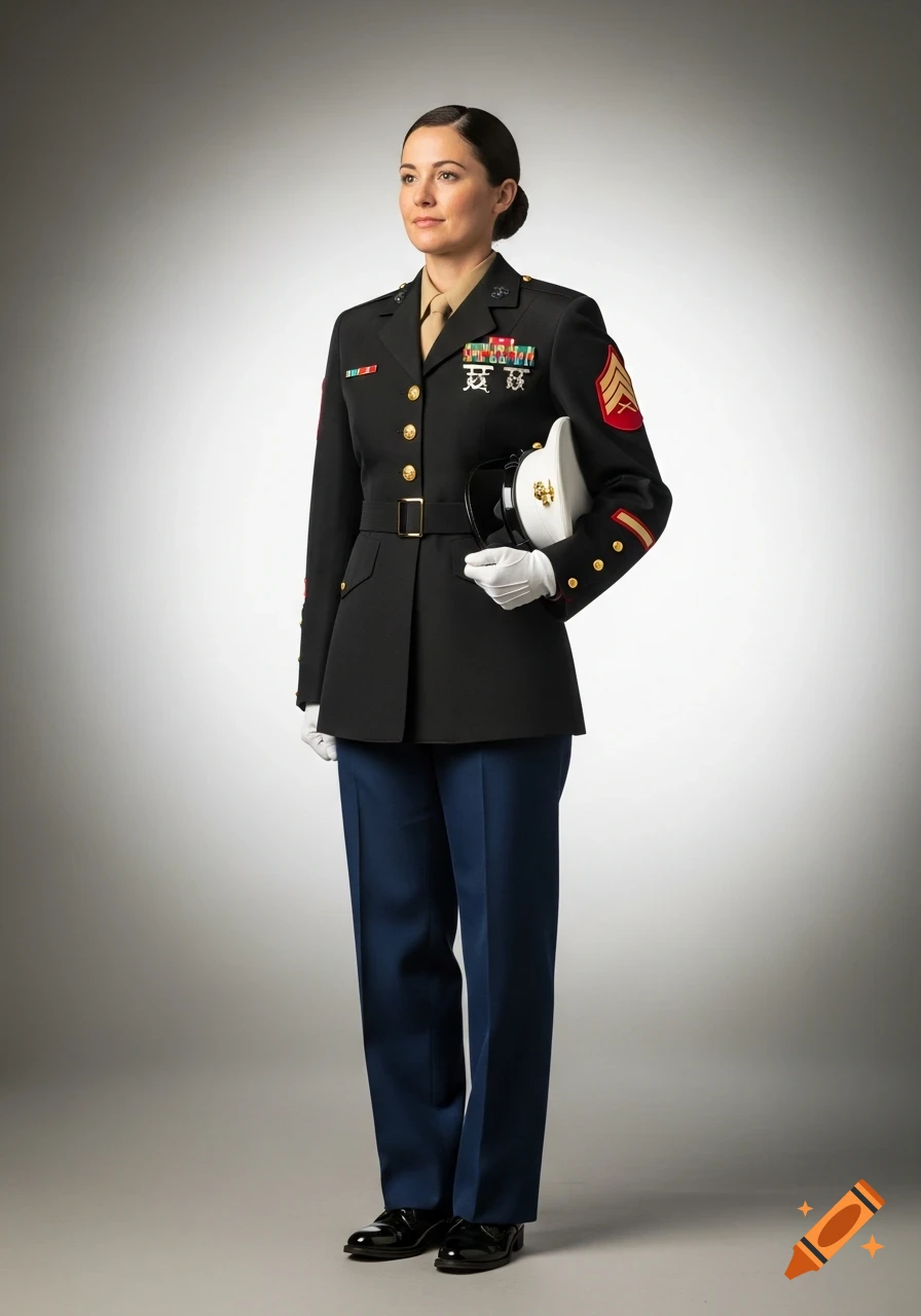 Photorealistic full-body portrait of a brunette woman in a formal black military dress uniform, holding a white cap.