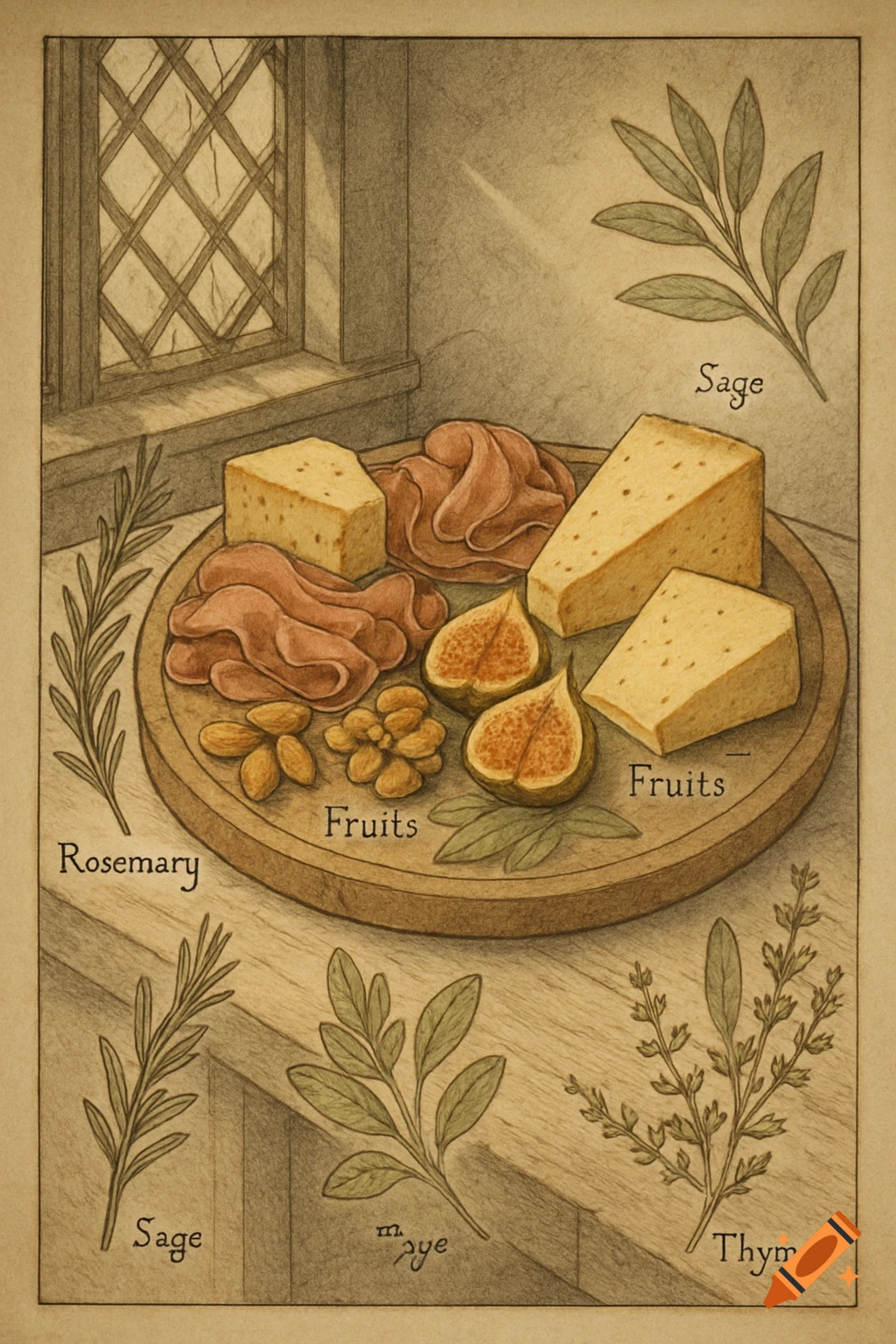 Hand-drawn illustration of a charcuterie board with cheese, cured meats, figs, almonds, and labeled herbs like rosemary, sage, and thyme.