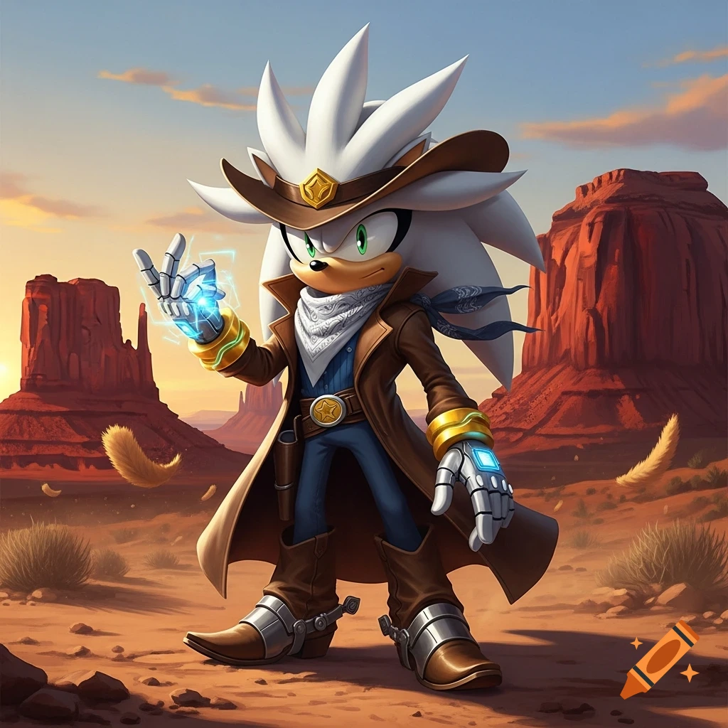 Silver the Hedgehog dressed as a cowboy, standing in a desert with mesas at sunset, holding up a hand with a glowing blue energy effect.