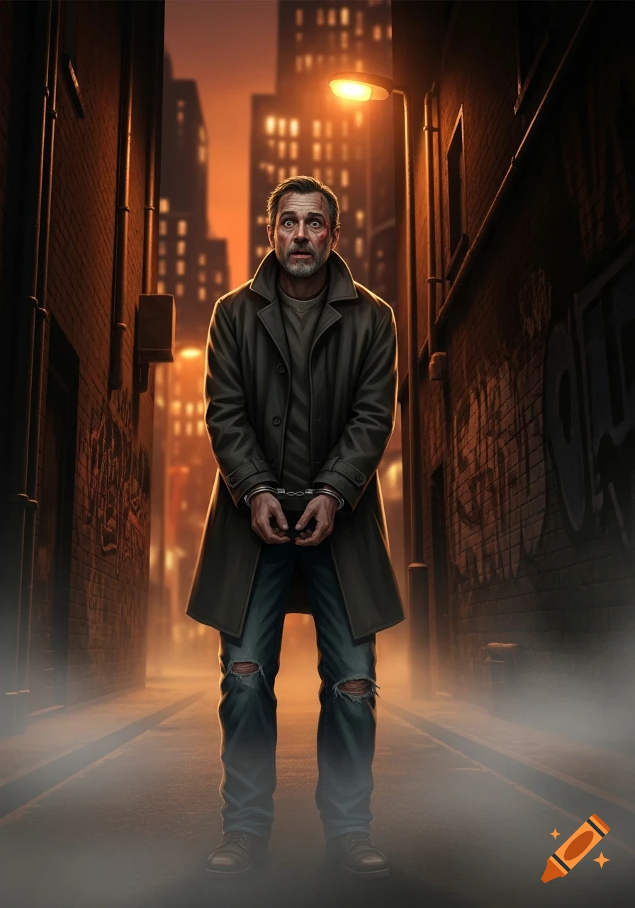 A scared, handcuffed man with a bruised face stands in a dark, foggy city alley at night, under a streetlamp.