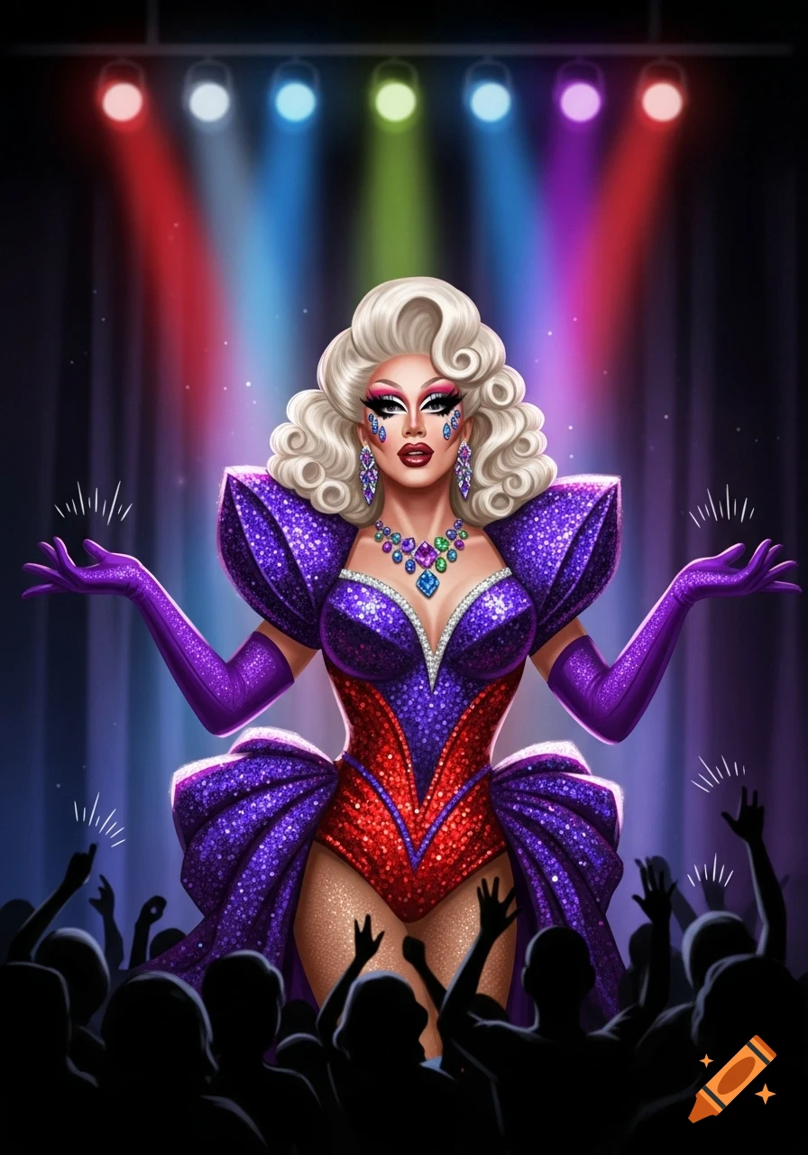 A glamorous drag queen in a sparkling purple and red outfit performs on stage under colorful spotlights to a cheering crowd.