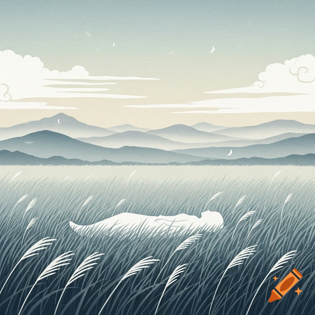 Ukiyo-e style illustration of a ghost-like figure in a vast field, with distant misty mountains under a stylized sky.