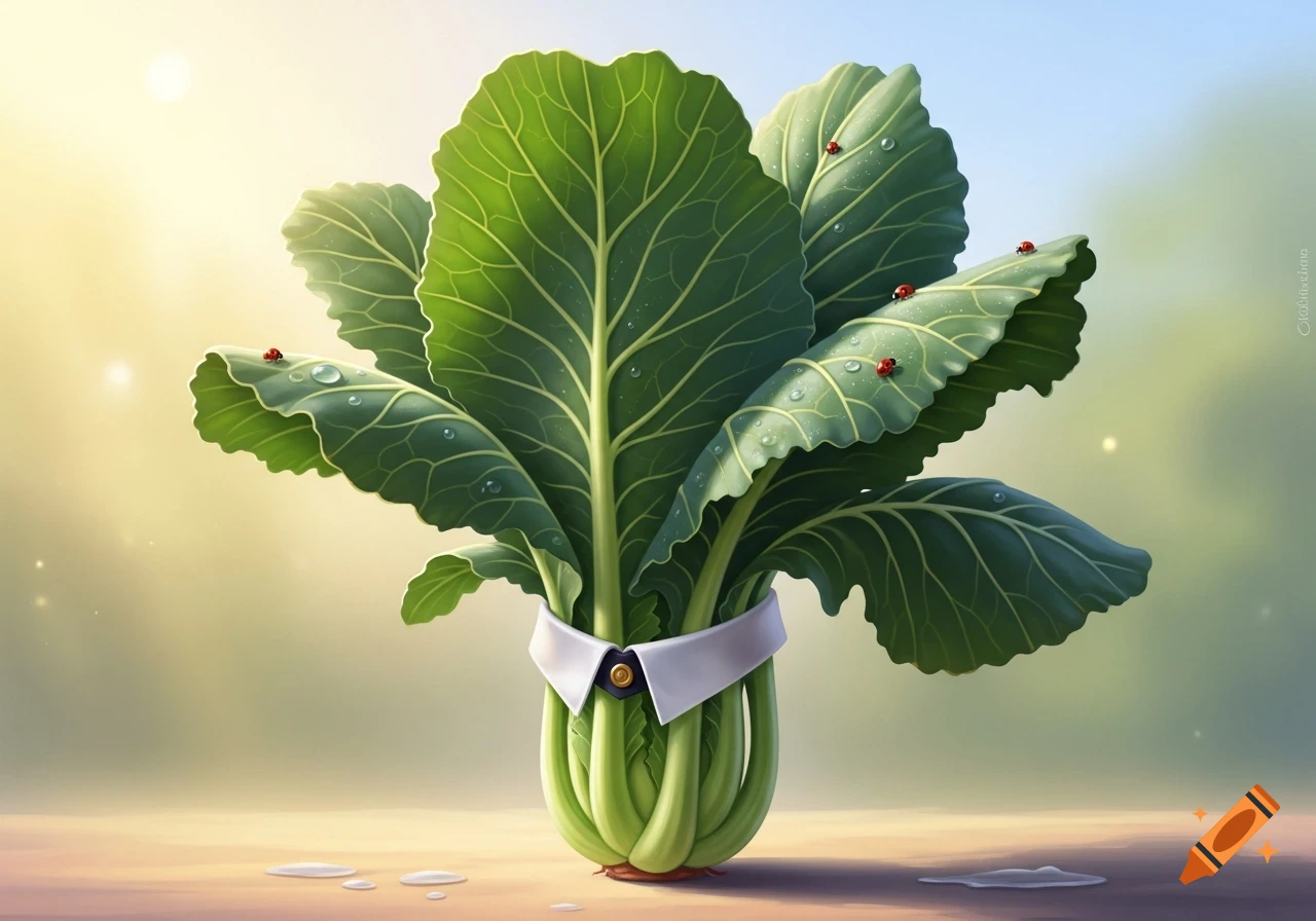 Vibrant green collard greens bundled and wearing a white collar, adorned with water droplets and small red ladybugs, in a bright, illustrative style.