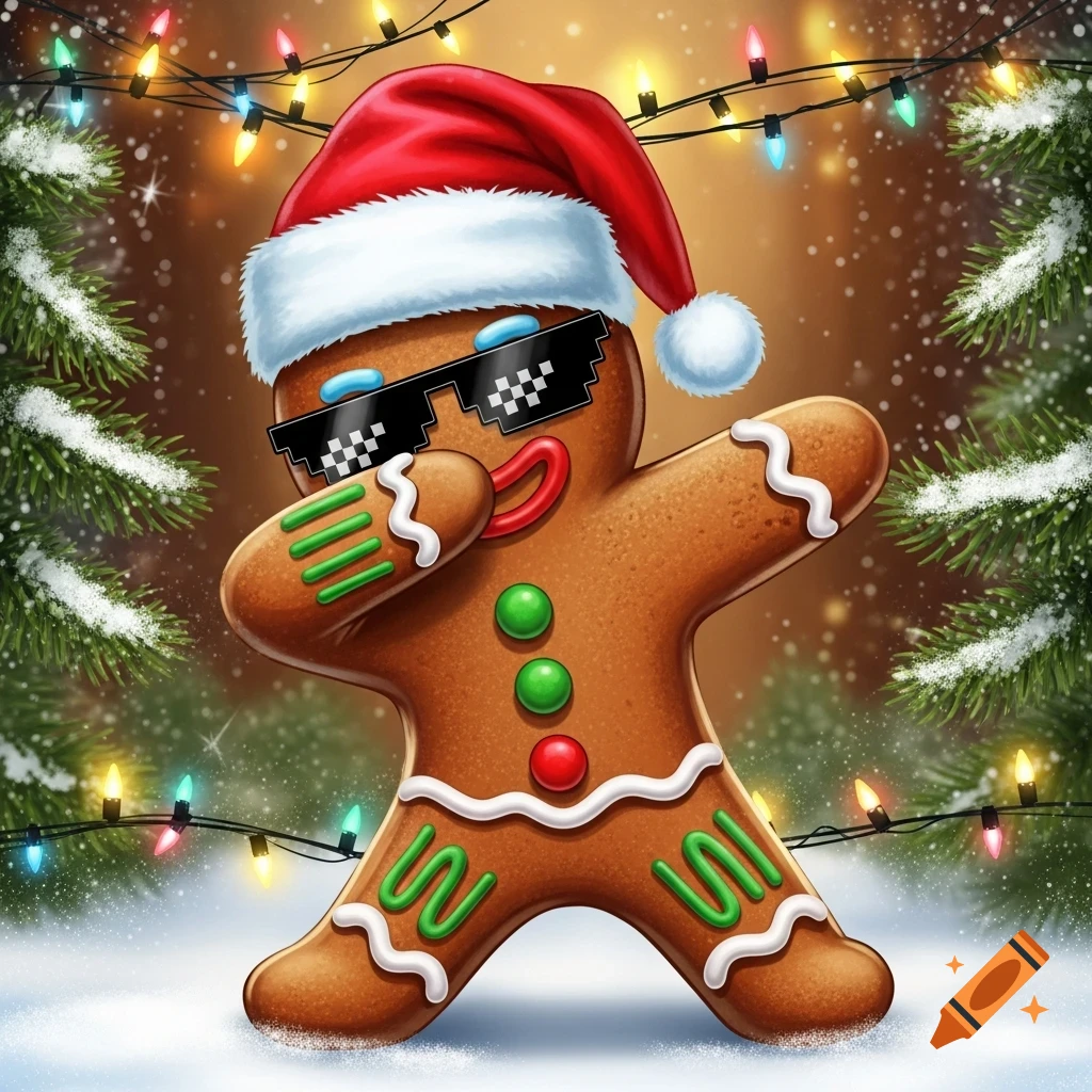 A cool gingerbread man doing the dab pose, wearing a Santa hat and pixelated sunglasses, surrounded by snowy Christmas trees and colorful lights.