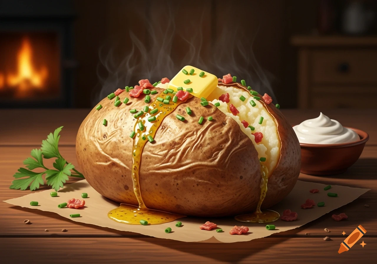 A steaming baked potato topped with melting butter, chives, and bacon, with sour cream on a wooden table, in front of a fireplace.
