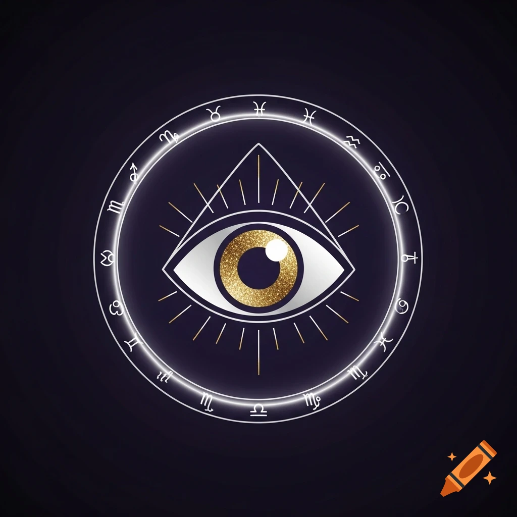 A stylized all-seeing eye with a golden, glittering iris within a triangle, surrounded by a glowing circle with white astrological zodiac symbols on a dark indigo background.