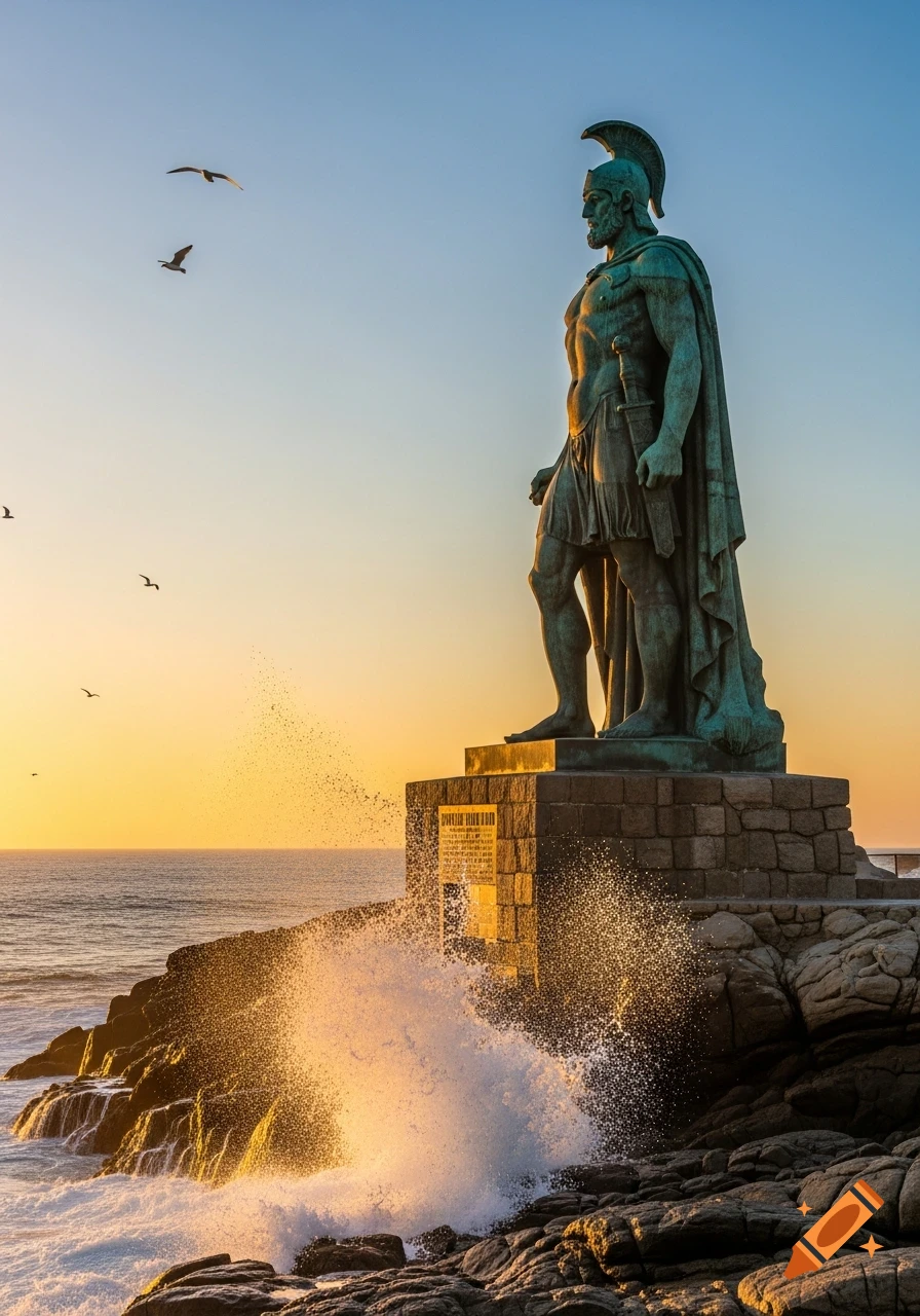 A bronze statue of a Greek warrior with a cape stands on a rocky coastline as waves crash below during a golden sunset.