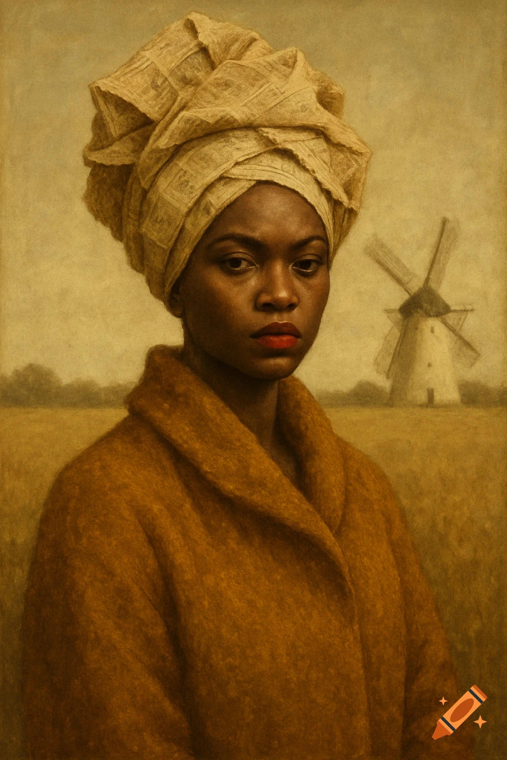 Painterly portrait of a woman in a golden field with a headwrap made of newspaper and a windmill in the background.