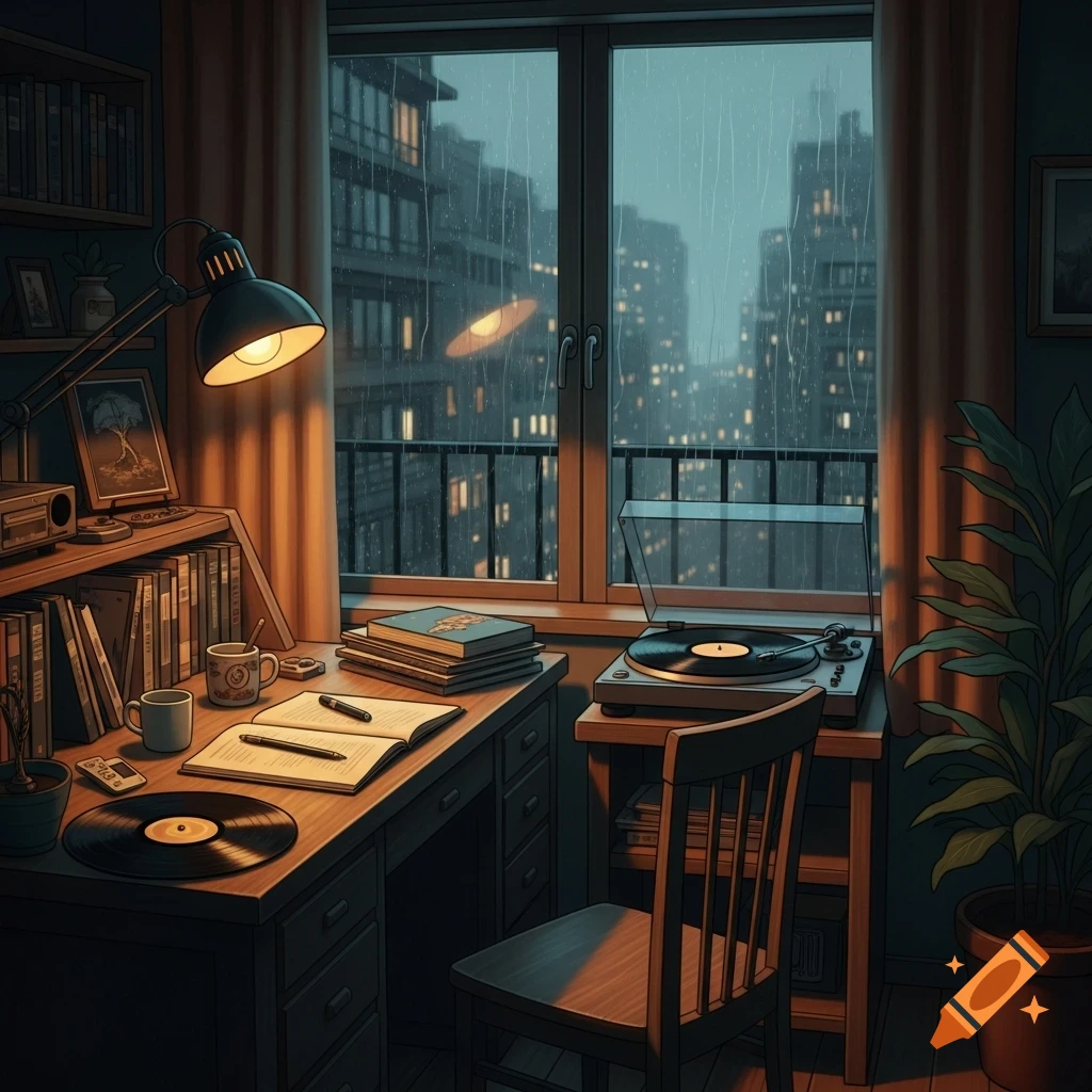 A cozy lofi study room with a desk, books, a record player, and a warm lamp, overlooking a rainy city at night.