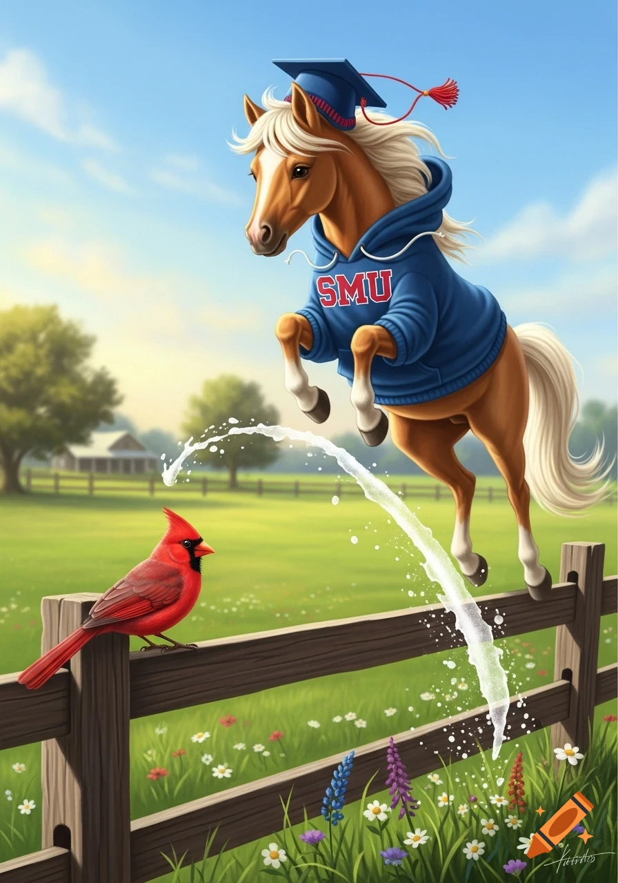 A cartoon pony wearing an SMU hoodie and graduation cap jumps over a fence, with a stream of white liquid falling towards a red cardinal in a sunny field.