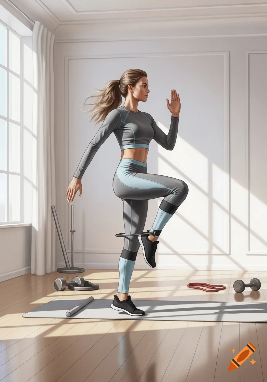 A woman in athletic wear performs knee strengthening exercises with a resistance band in a bright room.