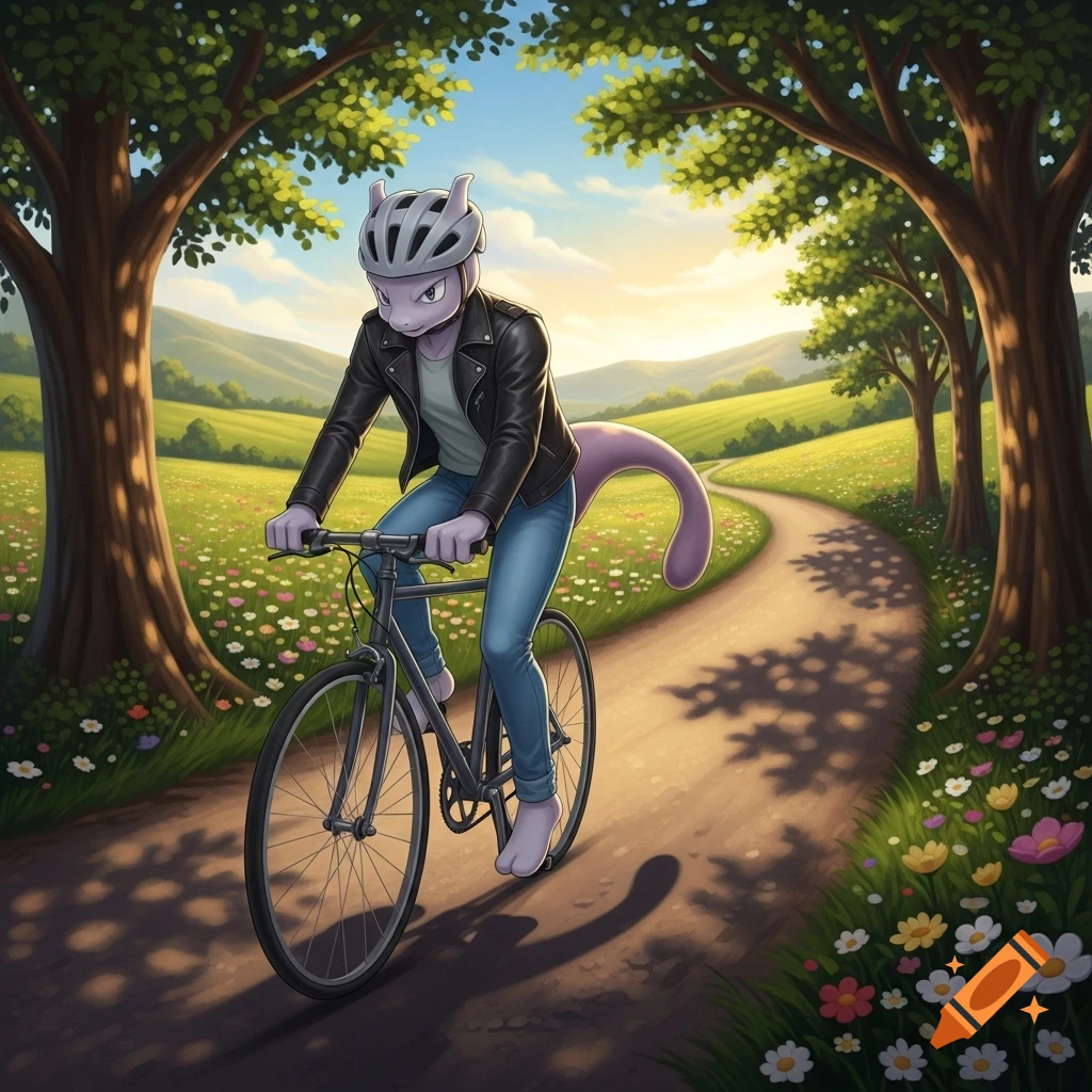 Mewtwo in a leather jacket, jeans, and helmet rides a bike on a dirt path through a sunny, flower-filled meadow.
