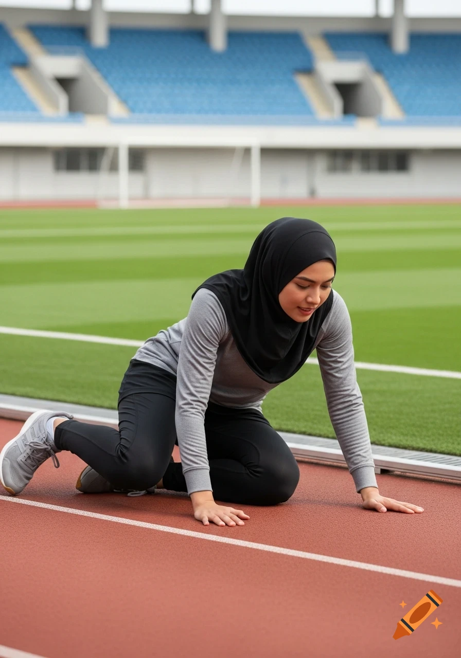 A woman in a hijab and athletic wear kneels on a red running track, hands on the ground, with a stadium and green field in the background.