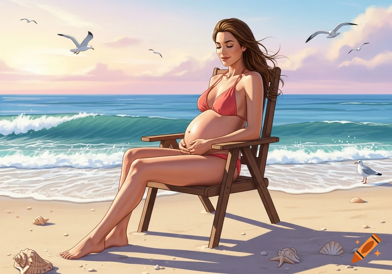 A beautiful pregnant woman in a red bikini relaxes in a wooden chair on a sandy beach, with waves and seagulls under a pastel sky. Digital art.