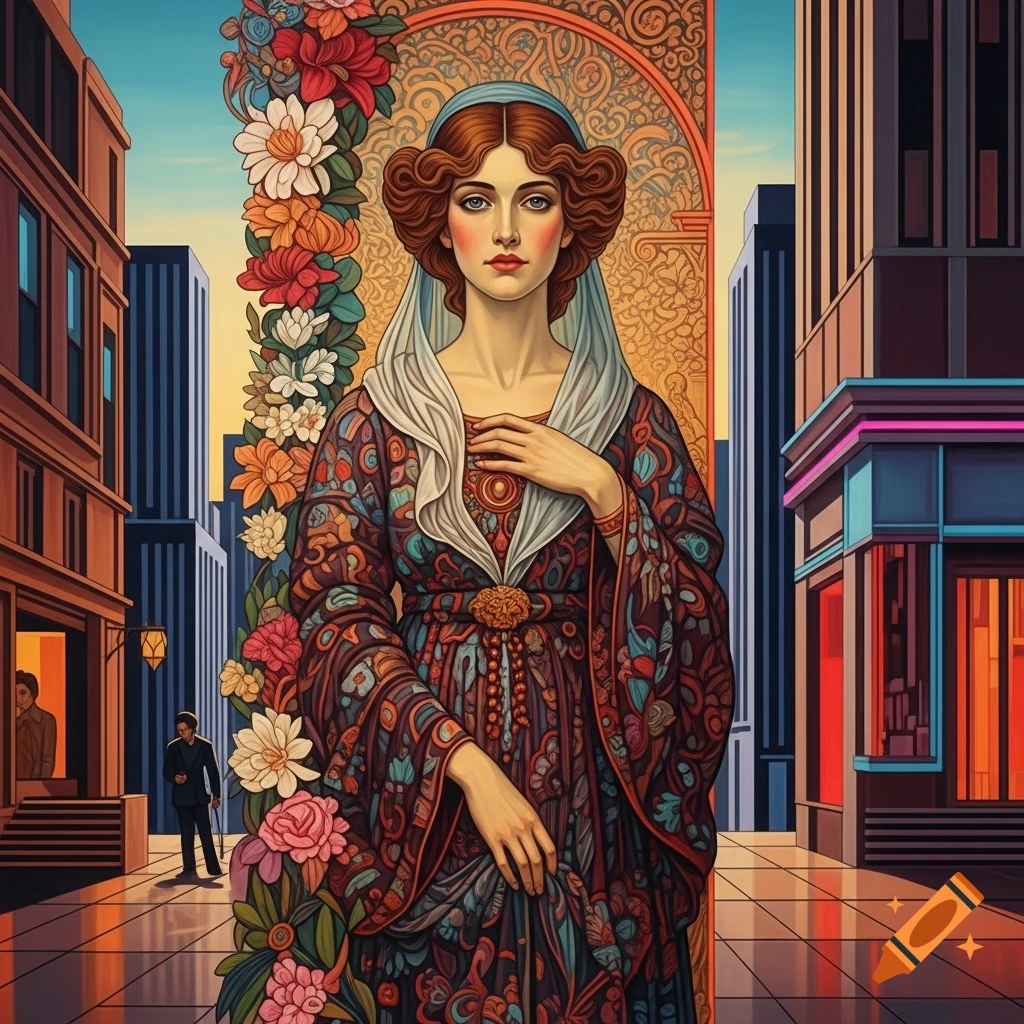 Stylized painting of a woman with red hair and an ornate floral dress, standing in a city street with tall buildings.