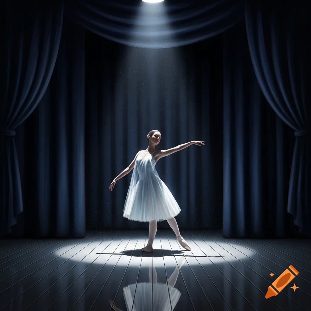 A ballerina in a white dress poses gracefully under a dramatic spotlight on a reflective stage floor with dark blue curtains.