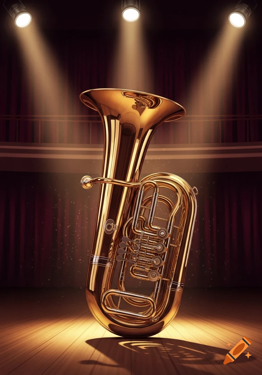 A shiny golden tuba on a wooden stage, illuminated by spotlights, with dark red curtains in the background.