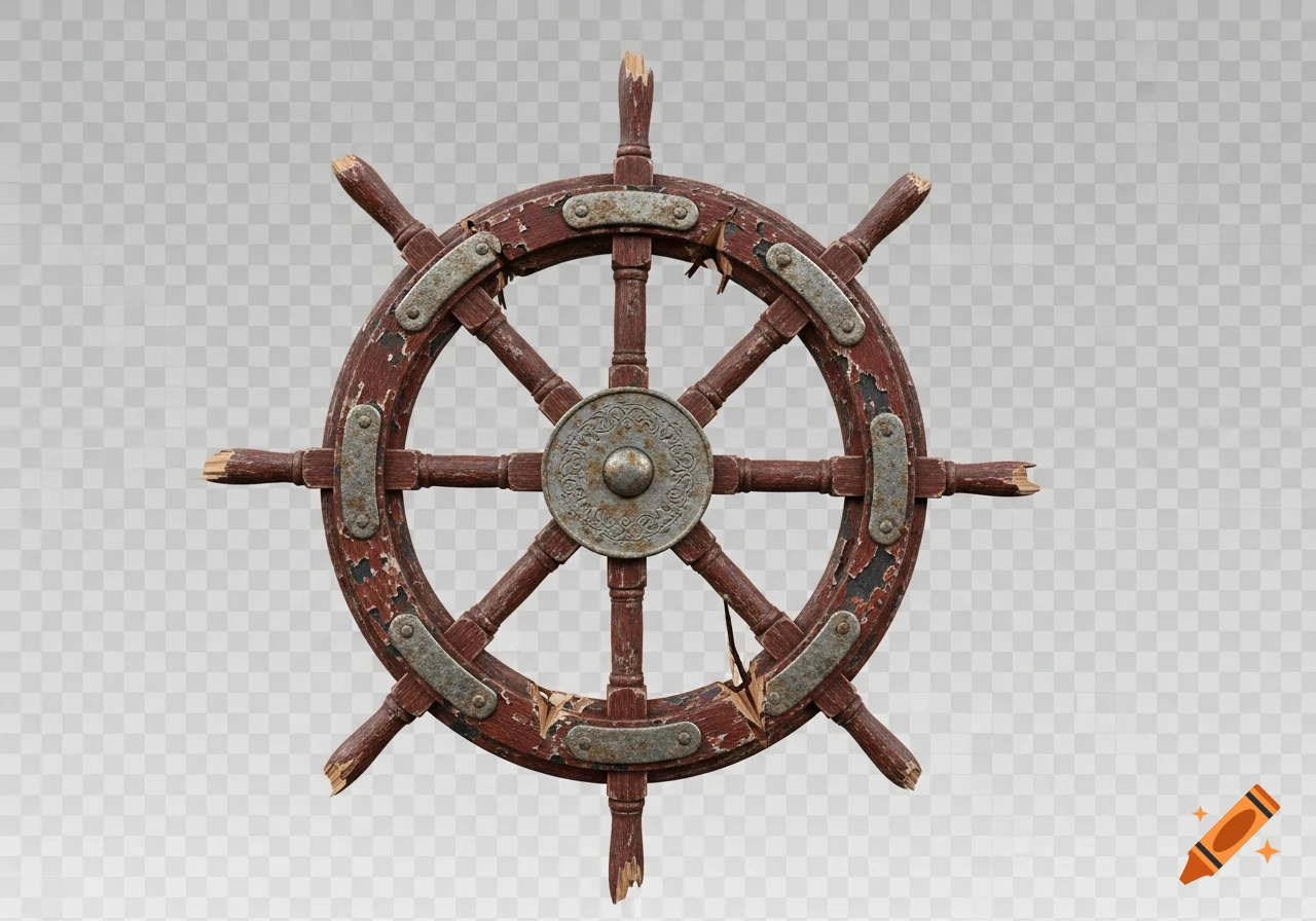 An old, weathered, and broken ship's steering wheel with a transparent background.