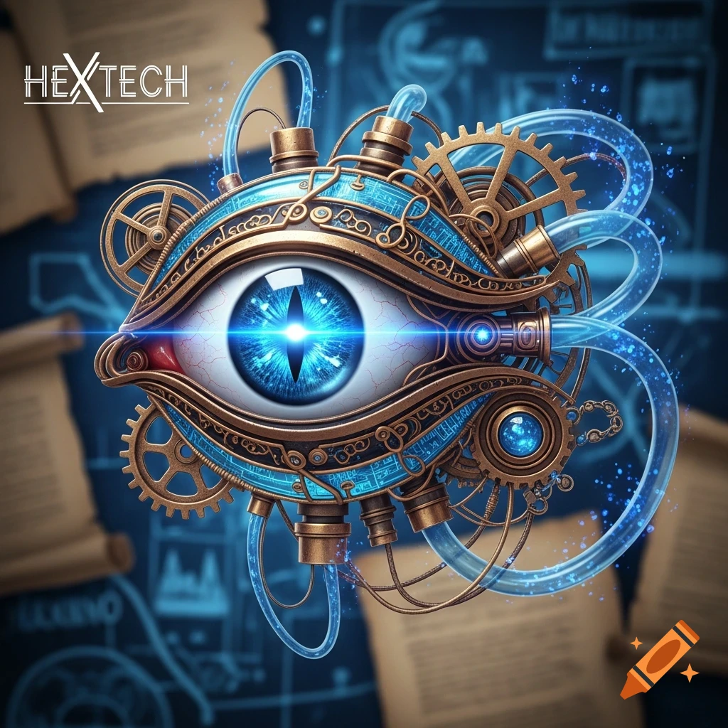 A detailed mechanical eye with a glowing blue iris, gears, and tubes, set against a blurred blueprint background.