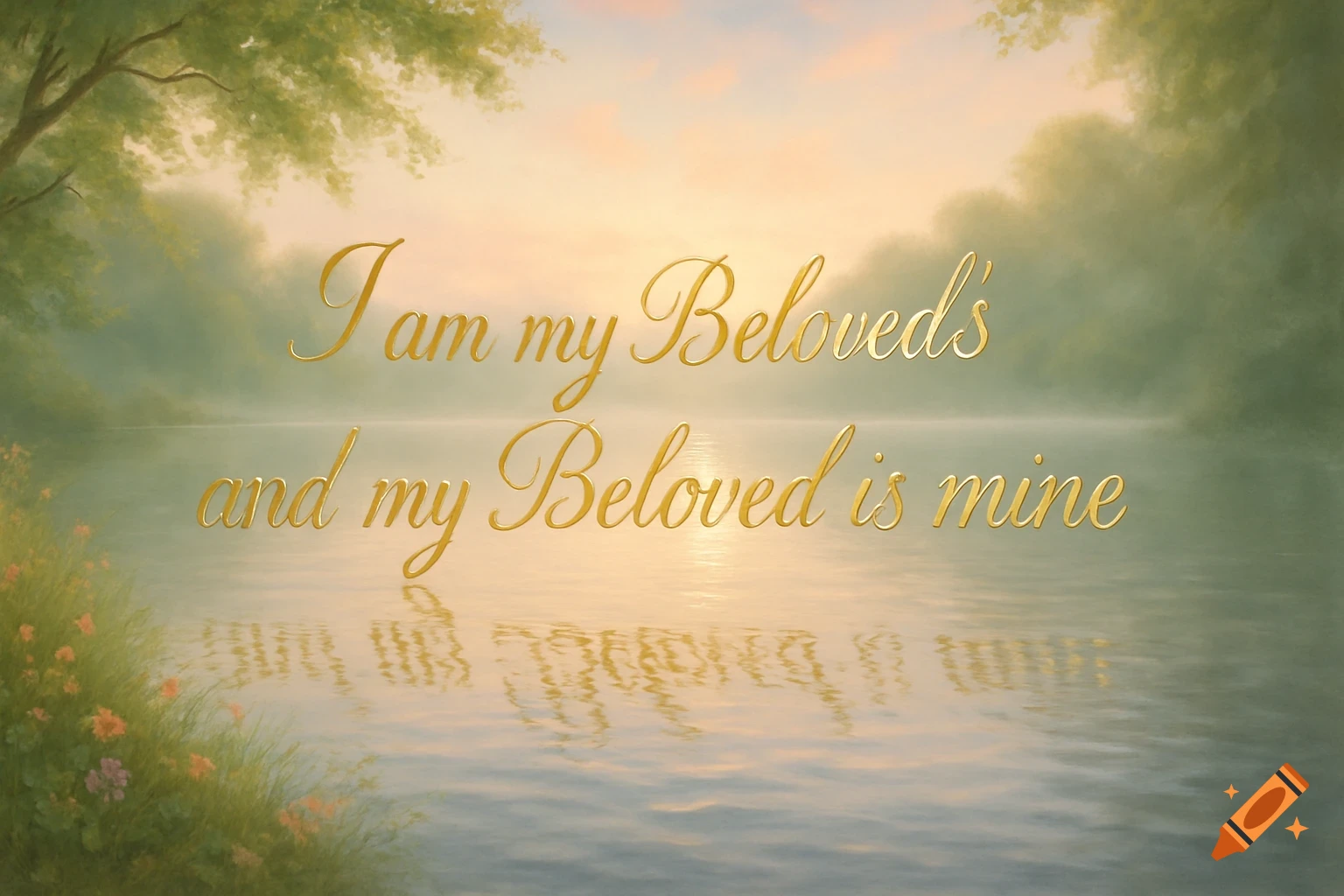 Golden cursive text 'I am my Beloved's and my Beloved is mine' floats above a serene lake with misty banks and a colorful sunset.