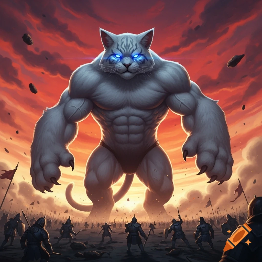 A colossal muscular white cat-like titan with glowing blue eyes confronts an army of warriors under a dramatic red sky in a fantasy art style.