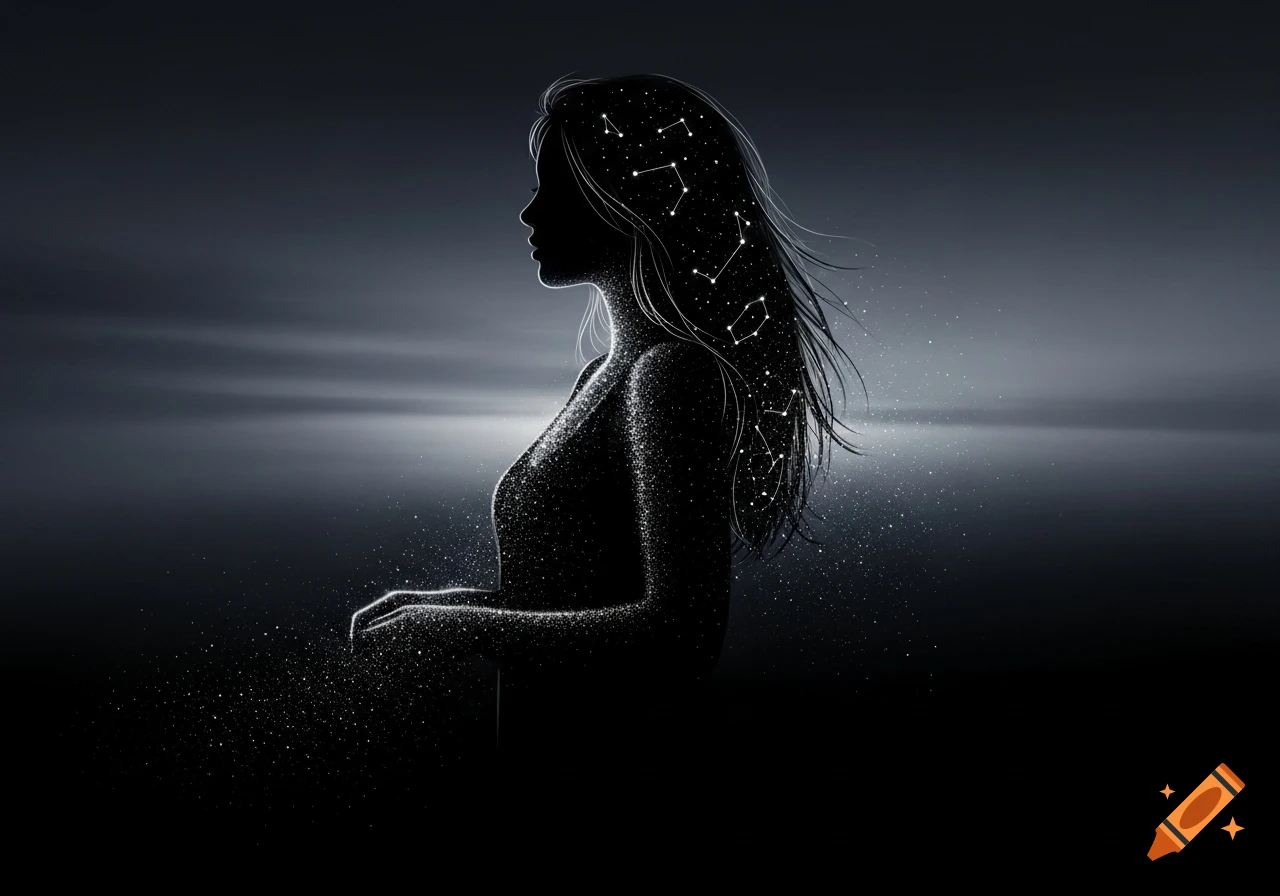 Silhouette of a woman with constellations in her hair, against a dark, dusty background, rendered in a celestial, melancholic art style.