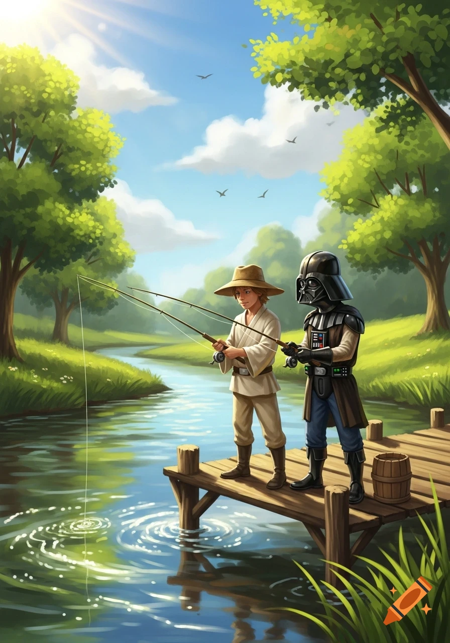 Cartoonish Luke Skywalker and Darth Vader fishing from a wooden pier on a sunny river, surrounded by green trees.