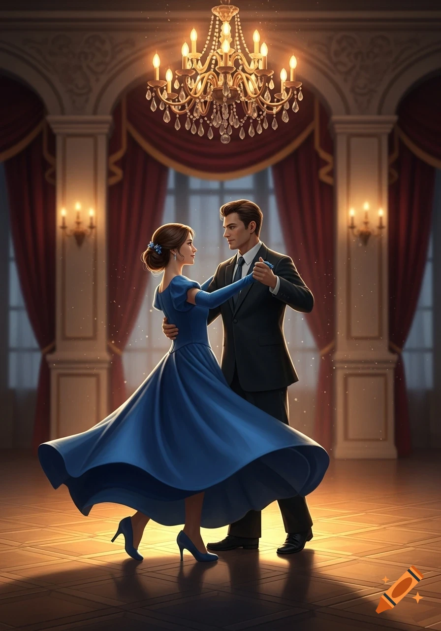 A man and woman in formal attire dancing in a grand ballroom under a chandelier, with warm golden light.