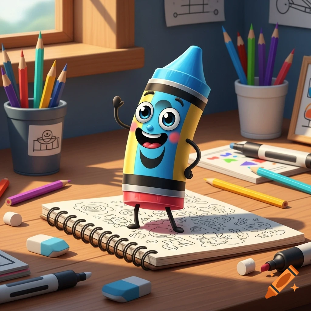 A cute, happy blue and yellow cartoon crayon with arms and legs stands on a sketchpad filled with doodles, surrounded by colorful art supplies on a wooden desk.