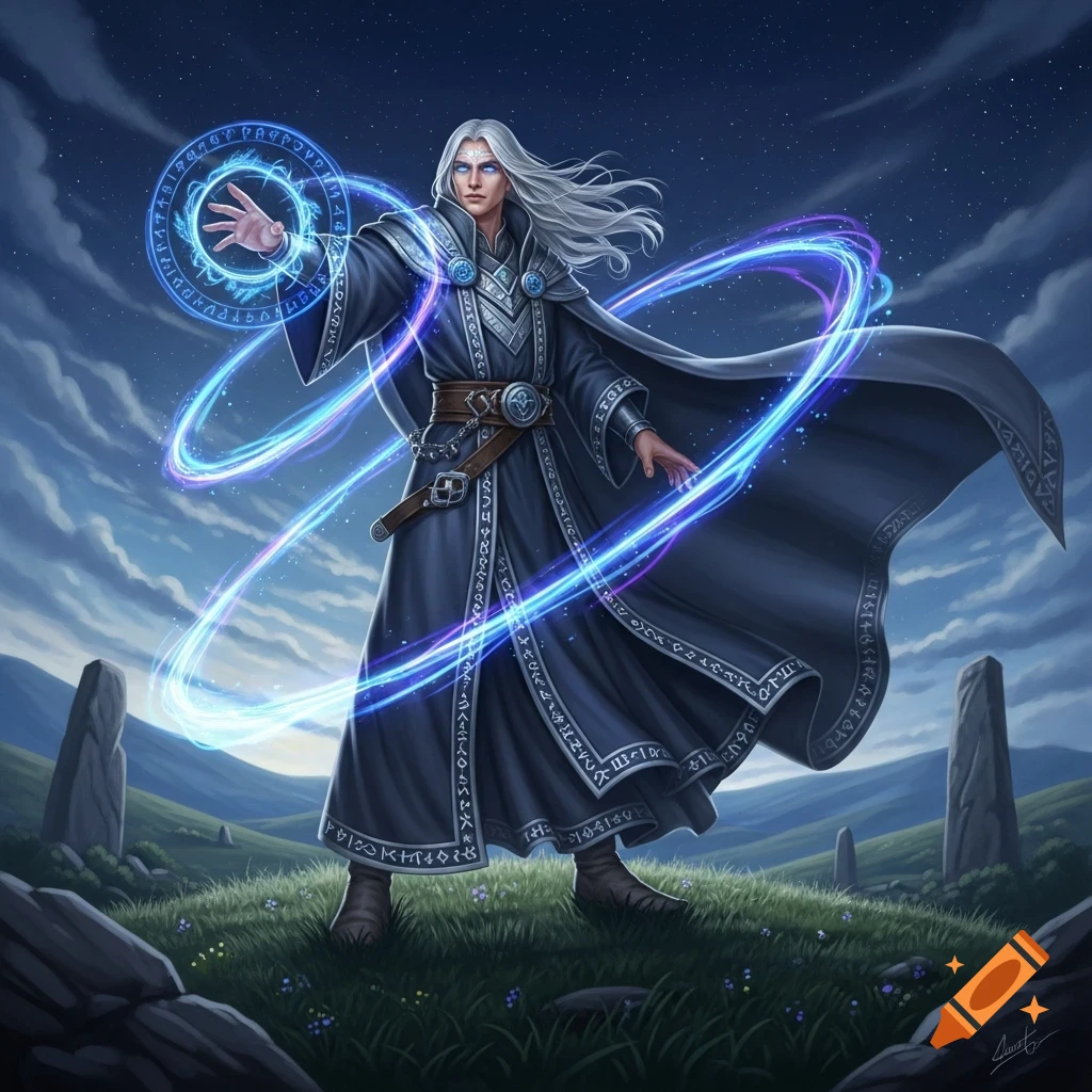 A white-haired wizard in a dark, ornate robe casts a glowing blue spell with runes in a grassy field under a starry night sky.