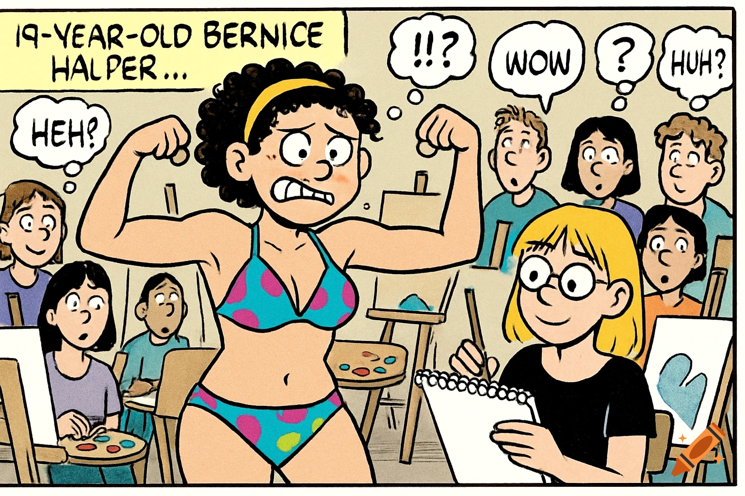 A cartoon comic strip shows 19-year-old Bernice Halper in a polka-dot bikini flexing in an art class as her friend Luann draws her.