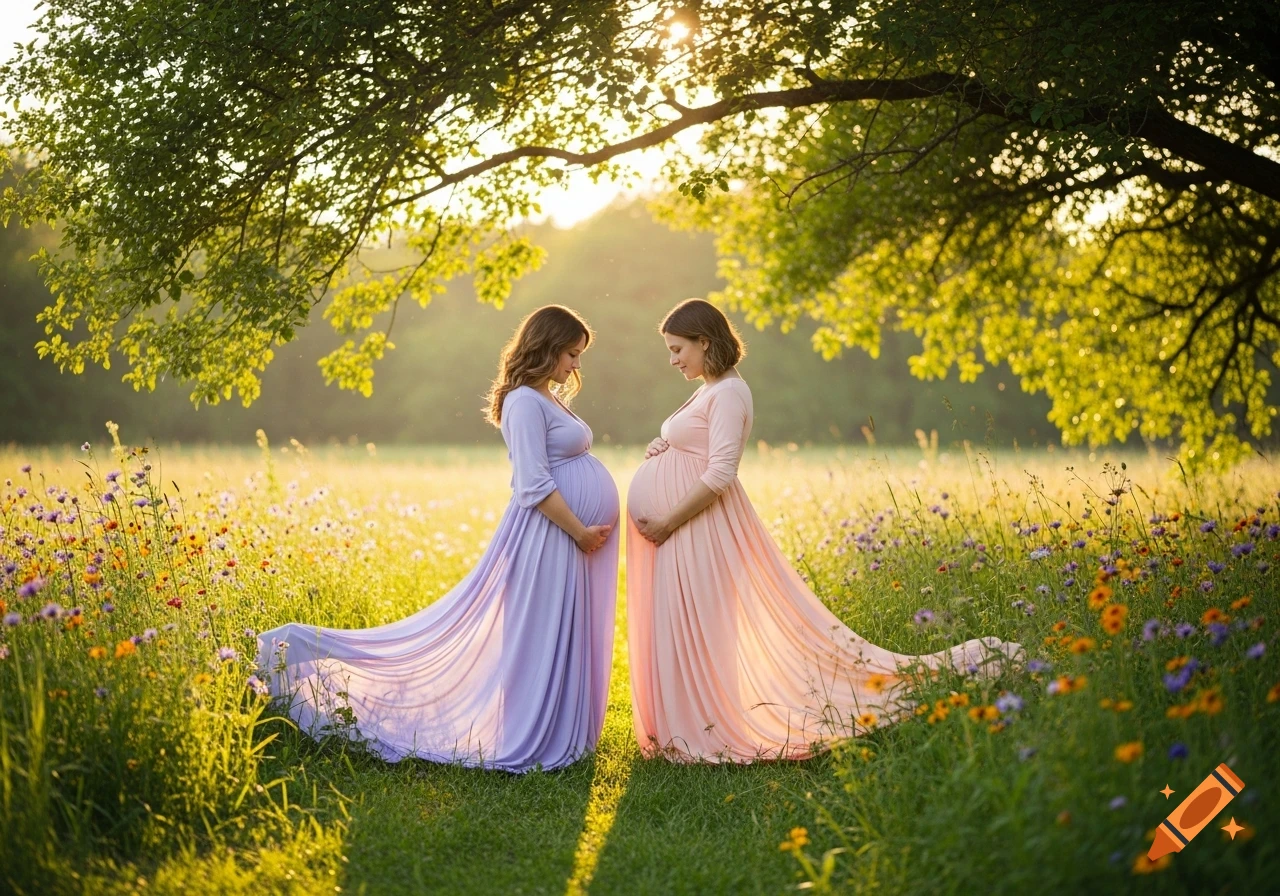 Two pregnant women in long dresses stand in a sunlit meadow, holding their bellies, under a tree.