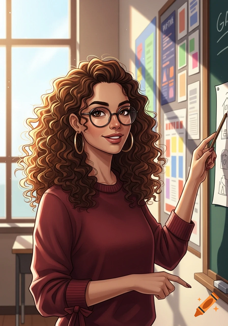 An animated teacher with curly brown hair and glasses points at a blackboard in a sunny classroom.